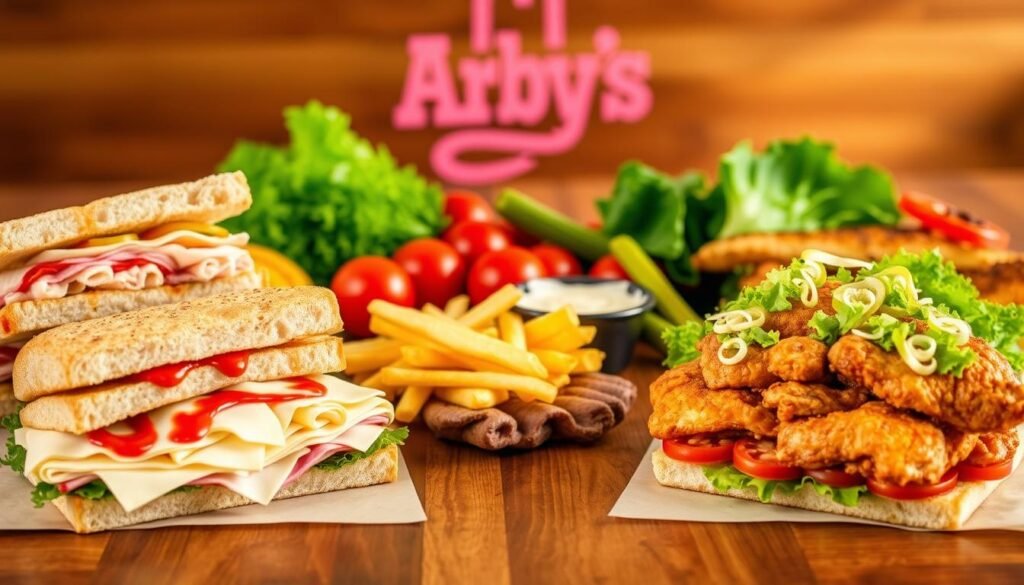 A vibrant, inviting display of Arby’s mix-and-match sandwich options laid out on a wooden table. In the foreground, a variety of sandwiches with colorful ingredients: turkey and provolone stacked high, a classic roast beef drizzled with sauce, and crispy chicken topped with fresh lettuce and tomatoes. Accompanying the sandwiches, crisp, golden fries and a small bowl of dipping sauce. The middle ground features fresh vegetables like tomatoes, pickles, and lettuce, arranged artistically to emphasize freshness. In the background, a subtle out-of-focus Arby’s logo adds brand identity without overshadowing the sandwiches. Warm, natural lighting creates a cozy atmosphere, highlighting the textures of the bread and fillings. The angle is slightly above eye level, inviting the viewer into the scene, evoking a sense of appetite and excitement about these delicious deals.
