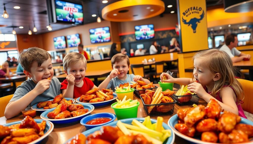 A vibrant, inviting scene at a Buffalo Wild Wings restaurant, featuring a cheerful family enjoying a meal together. In the foreground, a table laden with colorful plates of chicken wings and various kid-friendly options like boneless wings, fries, and celery sticks. Two children, a boy and a girl, are happily engaged in eating, one playfully licking sauce off their fingers, while the other anticipates their next bite. The middle ground shows the restaurant's lively interior, with sports televisions on the walls and friendly staff members serving customers. In the background, a warm, inviting atmosphere is enhanced by soft overhead lighting and the vibrant yellow and black color scheme typical of the chain. The mood is relaxed and joyful, perfectly capturing the spirit of family dining at Buffalo Wild Wings. A vibrant, inviting scene at a Buffalo Wild Wings restaurant, featuring a cheerful family enjoying a meal together. In the foreground, a table laden with colorful plates of chicken wings and various kid-friendly options like boneless wings, fries, and celery sticks. Two children, a boy and a girl, are happily engaged in eating, one playfully licking sauce off their fingers, while the other anticipates their next bite. The middle ground shows the restaurant's lively interior, with sports televisions on the walls and friendly staff members serving customers. In the background, a warm, inviting atmosphere is enhanced by soft overhead lighting and the vibrant yellow and black color scheme typical of the chain. The mood is relaxed and joyful, perfectly capturing the spirit of family dining at Buffalo Wild Wings.