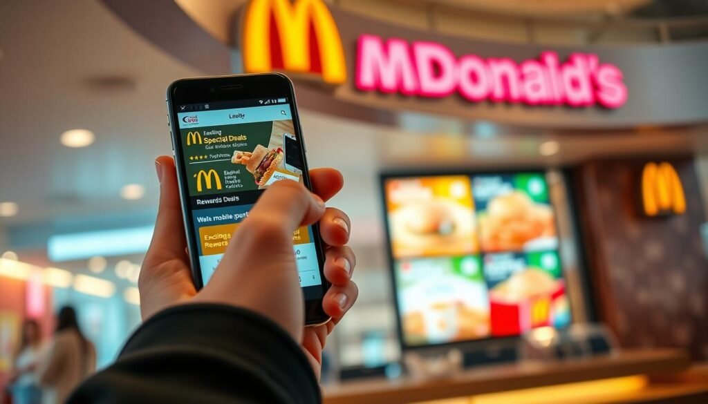 A vibrant, modern smartphone displaying the McDonald's app on its screen, prominently showing exciting special deals, rewards points, and a mobile ordering interface. In the foreground, a hand, dressed in a stylish sleeve, is interacting with the smartphone. The middle layer features a bright, inviting McDonald's restaurant with a large, colorful menu board visible in the background, emphasizing the latest offers. Soft, warm lighting creates a welcoming atmosphere, with a slight bokeh effect separating the foreground from the background. The angle is slightly above eye level, focusing on the interaction between the user and the phone, conveying a sense of convenience and excitement surrounding mobile deals and rewards. A vibrant, modern smartphone displaying the McDonald's app on its screen, prominently showing exciting special deals, rewards points, and a mobile ordering interface. In the foreground, a hand, dressed in a stylish sleeve, is interacting with the smartphone. The middle layer features a bright, inviting McDonald's restaurant with a large, colorful menu board visible in the background, emphasizing the latest offers. Soft, warm lighting creates a welcoming atmosphere, with a slight bokeh effect separating the foreground from the background. The angle is slightly above eye level, focusing on the interaction between the user and the phone, conveying a sense of convenience and excitement surrounding mobile deals and rewards.