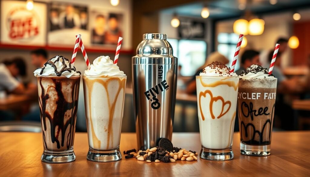 A vibrant, mouth-watering display of five distinct Five Guys milkshake combinations, artistically arranged on a wooden table. In the foreground, focus on one tall glass of chocolate milkshake topped with whipped cream and chocolate drizzle, beside it three additional glasses featuring combinations like strawberry-banana, vanilla with peanut butter, and coffee with Oreo crumbles. In the middle, an inviting stainless steel shaker has spilled a few toppings like crushed peanuts and cherries. The background shows a partially blurred cafe setting with warm lighting, enhancing a cozy atmosphere, with patrons enjoying their shakes. Capture the scene with a shallow depth of field to emphasize the milkshakes while giving hints of the lively ambiance around them. The overall mood is cheerful and indulgent, appealing to dessert lovers. A vibrant, mouth-watering display of five distinct Five Guys milkshake combinations, artistically arranged on a wooden table. In the foreground, focus on one tall glass of chocolate milkshake topped with whipped cream and chocolate drizzle, beside it three additional glasses featuring combinations like strawberry-banana, vanilla with peanut butter, and coffee with Oreo crumbles. In the middle, an inviting stainless steel shaker has spilled a few toppings like crushed peanuts and cherries. The background shows a partially blurred cafe setting with warm lighting, enhancing a cozy atmosphere, with patrons enjoying their shakes. Capture the scene with a shallow depth of field to emphasize the milkshakes while giving hints of the lively ambiance around them. The overall mood is cheerful and indulgent, appealing to dessert lovers.