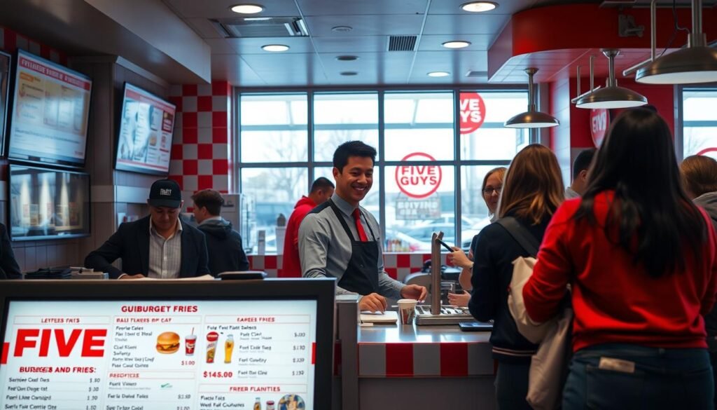 A vibrant, organized fast-food counter at a Five Guys Burgers and Fries location in the United States. In the foreground, a neatly arranged menu board displays prices and popular items, surrounded by customers placing their orders at the counter. The middle of the scene features a staff member in professional attire, engaging with customers and preparing orders with a smile. The background includes bright, colorful decor featuring iconic branding elements, with large windows allowing natural light to flood the space, enhancing a welcoming atmosphere. Use a slightly elevated angle for a dynamic view, capturing the hustle and bustle of the ordering process. The mood is lively and inviting, showcasing the excitement and efficiency of fast-casual dining. A vibrant, organized fast-food counter at a Five Guys Burgers and Fries location in the United States. In the foreground, a neatly arranged menu board displays prices and popular items, surrounded by customers placing their orders at the counter. The middle of the scene features a staff member in professional attire, engaging with customers and preparing orders with a smile. The background includes bright, colorful decor featuring iconic branding elements, with large windows allowing natural light to flood the space, enhancing a welcoming atmosphere. Use a slightly elevated angle for a dynamic view, capturing the hustle and bustle of the ordering process. The mood is lively and inviting, showcasing the excitement and efficiency of fast-casual dining.