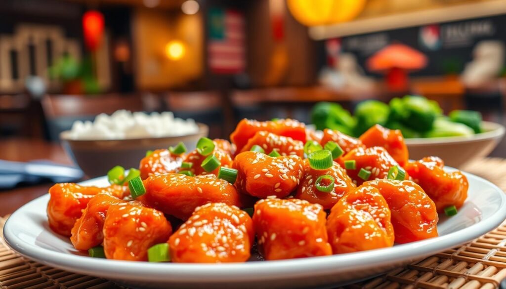 A vibrant plate of orange chicken, glistening with a rich, tangy glaze that captures the light. The chicken pieces are perfectly crispy, garnished with green onions and sesame seeds, creating an appealing texture contrast. In the foreground, the plate is artfully arranged on a bamboo mat, suggesting an Asian culinary vibe. The middle ground features a small bowl of steamed white rice and a side of broccoli, adding color and balance to the composition. In the background, softly blurred, hints of a traditional Chinese restaurant decor can be seen, with warm lighting that enhances the inviting atmosphere. The focus is sharp on the plate, highlighting the delicious details of the orange chicken.