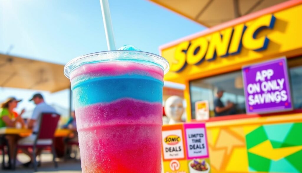 A vibrant, refreshing deals slush drink, featuring layers of bright, eye-catching colors like electric blue and neon pink, set against a backdrop of a sunny outdoor fast-food setting. In the foreground, the slush is presented in a clear, oversized cup, with condensation beads glistening under golden sunlight, and an inviting straw protruding from the top. In the middle, a few colorful promotional items such as small banners showcasing 'Limited-Time Deals’ and ‘App-Only Savings’ can barely be seen, emphasizing the marketing aspect. The background reveals a lively Sonic drive-in with cheerful customers enjoying their meals, adding to the atmosphere of excitement and savings. The overall mood is upbeat and appetizing, attracting viewers to the unique offerings available.