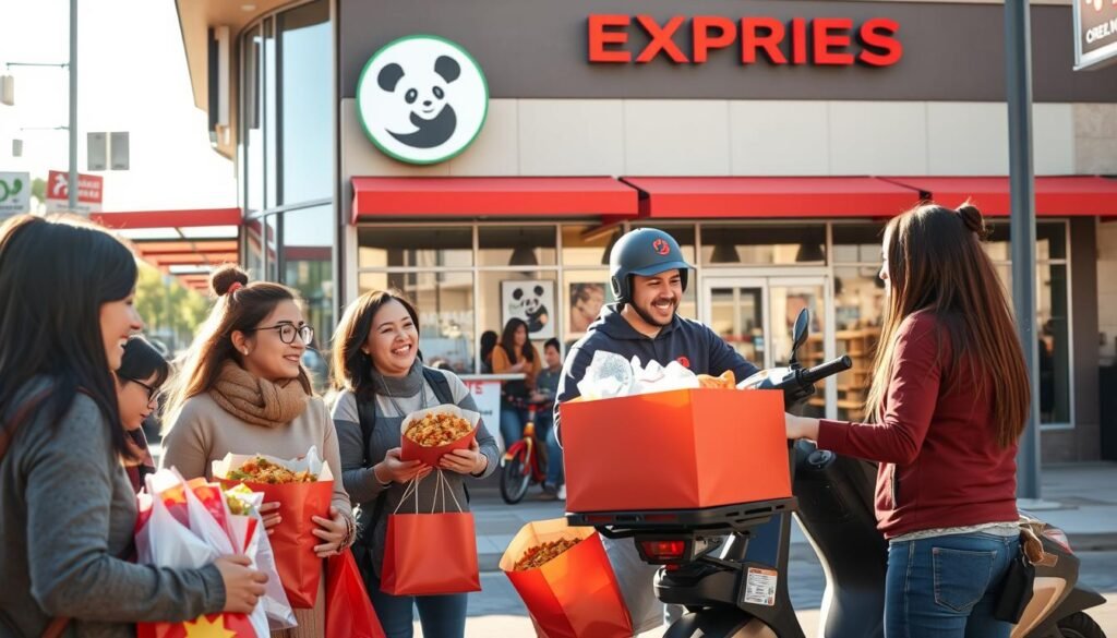 A vibrant scene showcasing a Panda Express restaurant in Great Falls, featuring its signature orange and red branding prominently. In the foreground, a diverse group of people in modest casual clothing are engaging in a friendly conversation while holding takeout bags filled with colorful Chinese dishes. In the middle, a delivery driver is preparing to load a freshly packed delivery order into a scooter, emphasizing the takeaway service. The background includes the modern architecture of the restaurant with large glass windows and the surrounding street with clear signage. Soft afternoon sunlight bathes the scene in a warm glow, creating an inviting atmosphere that captures the ease of ordering food for delivery or pickup. The focus is on the bustling energy and variety offered by the menu.