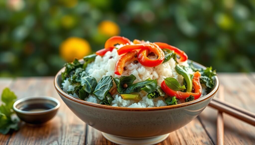 A vibrant, well-balanced vegan meal showcasing a generous serving of fluffy white rice topped with a medley of sautéed greens, including kale, spinach, and bok choy. The dish is garnished with colorful slices of red bell pepper and a drizzle of soy sauce, enhancing the visual appeal. In the foreground, a beautifully styled bowl rests on a rustic wooden table, surrounded by chopsticks and a small dish of dipping sauce. In the middle, the meal is illuminated by soft, warm lighting that enhances the fresh colors of the vegetables. The background fades softly into a blurred green garden, creating a serene atmosphere that conveys healthy eating. The overall composition is inviting and appetizing, perfect for inspiring vegan meal ideas.