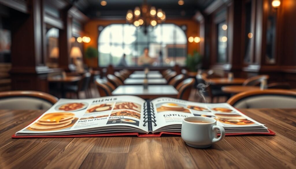 A visually appealing and inviting breakfast menu displayed on a wooden table in a cozy café setting. The foreground features an open menu with colorful images of popular breakfast items, including fluffy pancakes, crispy bacon, and egg sandwiches, alongside a steaming cup of coffee. In the middle ground, a soft-focus background reveals an elegant restaurant interior with warm lighting that creates a welcoming atmosphere. The camera angle is slightly above eye level, capturing the menu and breakfast items from a dynamic perspective. The overall mood is friendly and relaxed, suggesting a pleasant dining experience during breakfast hours. The image should not contain any text, captions, or watermarks, ensuring that it focuses solely on the visual appeal of the breakfast menu. A visually appealing and inviting breakfast menu displayed on a wooden table in a cozy café setting. The foreground features an open menu with colorful images of popular breakfast items, including fluffy pancakes, crispy bacon, and egg sandwiches, alongside a steaming cup of coffee. In the middle ground, a soft-focus background reveals an elegant restaurant interior with warm lighting that creates a welcoming atmosphere. The camera angle is slightly above eye level, capturing the menu and breakfast items from a dynamic perspective. The overall mood is friendly and relaxed, suggesting a pleasant dining experience during breakfast hours. The image should not contain any text, captions, or watermarks, ensuring that it focuses solely on the visual appeal of the breakfast menu.