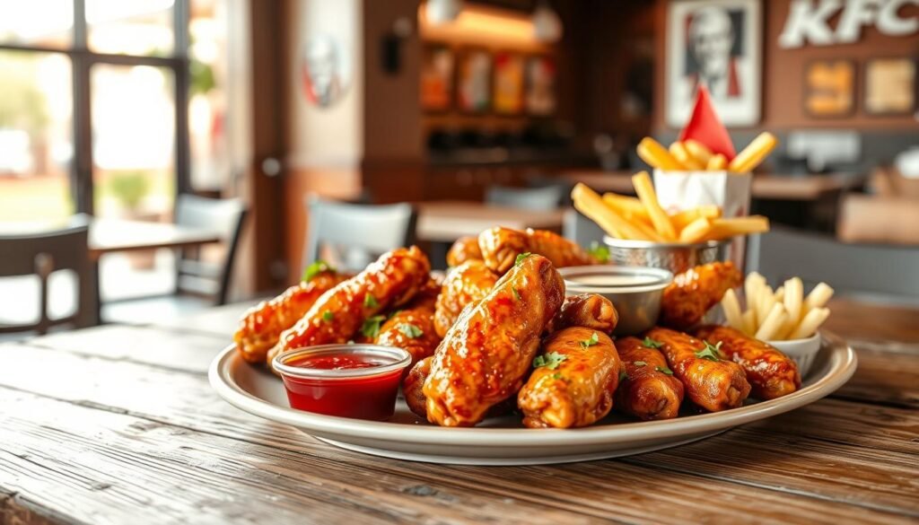 A visually appealing arrangement of KFC wings on a rustic wooden table, emphasizing diverse flavor options like spicy, honey BBQ, and garlic parmesan. In the foreground, a well-organized plate features several wings, garnished with fresh herbs andserved with small dipping sauces. In the middle ground, ingredients like gluten-free labels, allergen notices, and a small bowl of crispy celery sticks are subtly included to highlight allergen information. The background features a softly blurred KFC restaurant setting, ensuring a warm and inviting atmosphere. Natural lighting filters through a nearby window, casting a gentle glow. The scene conveys a sense of cautious enjoyment, suitable for customers making informed food choices.