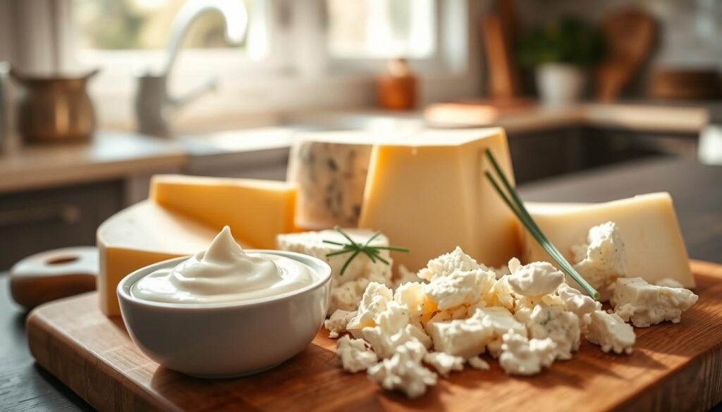 A visually appealing arrangement of dairy cheese and sour cream on a wooden cutting board, with a soft-focus kitchen background. In the foreground, showcase a variety of cheeses, including wedges of sharp cheddar, creamy brie, and crumbled feta, artistically placed next to a small bowl of rich, white sour cream, adorned with a sprig of fresh chives. Natural sunlight streams in from a nearby window, casting a warm glow and soft shadows over the ingredients, giving a welcoming and appetizing atmosphere. The composition should have a close-up angle that highlights the textures of the cheeses and sour cream while ensuring clarity and detail in the presentation. A visually appealing arrangement of dairy cheese and sour cream on a wooden cutting board, with a soft-focus kitchen background. In the foreground, showcase a variety of cheeses, including wedges of sharp cheddar, creamy brie, and crumbled feta, artistically placed next to a small bowl of rich, white sour cream, adorned with a sprig of fresh chives. Natural sunlight streams in from a nearby window, casting a warm glow and soft shadows over the ingredients, giving a welcoming and appetizing atmosphere. The composition should have a close-up angle that highlights the textures of the cheeses and sour cream while ensuring clarity and detail in the presentation.