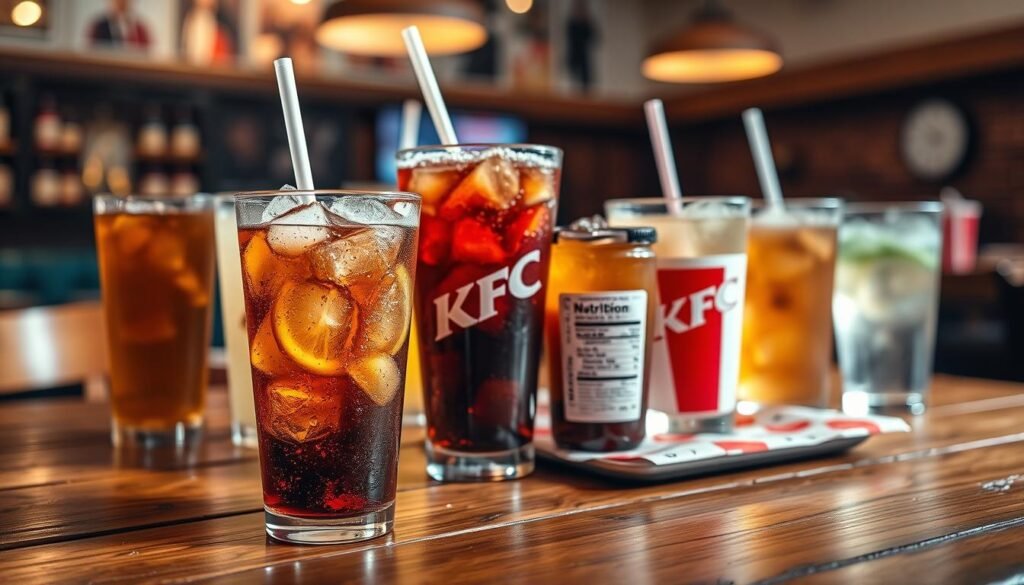 A visually appealing arrangement of various KFC soft drink options, such as cola, lemonade, and iced tea, displayed on a rustic wooden table. In the foreground, include a clear glass filled with ice and a colorful beverage emitting condensation, highlighting freshness. The middle ground features other drinks in stylish cups, along with a small plate of nutrition facts on a napkin, subtly hinting at calorie information. The background is softly blurred, depicting a cozy fast-food restaurant ambiance with warm, inviting lighting, creating a relaxed mood. Use a high-resolution lens to capture the details and textures of the drinks, emphasizing the vibrant colors and reflections for a rich, appetizing atmosphere.