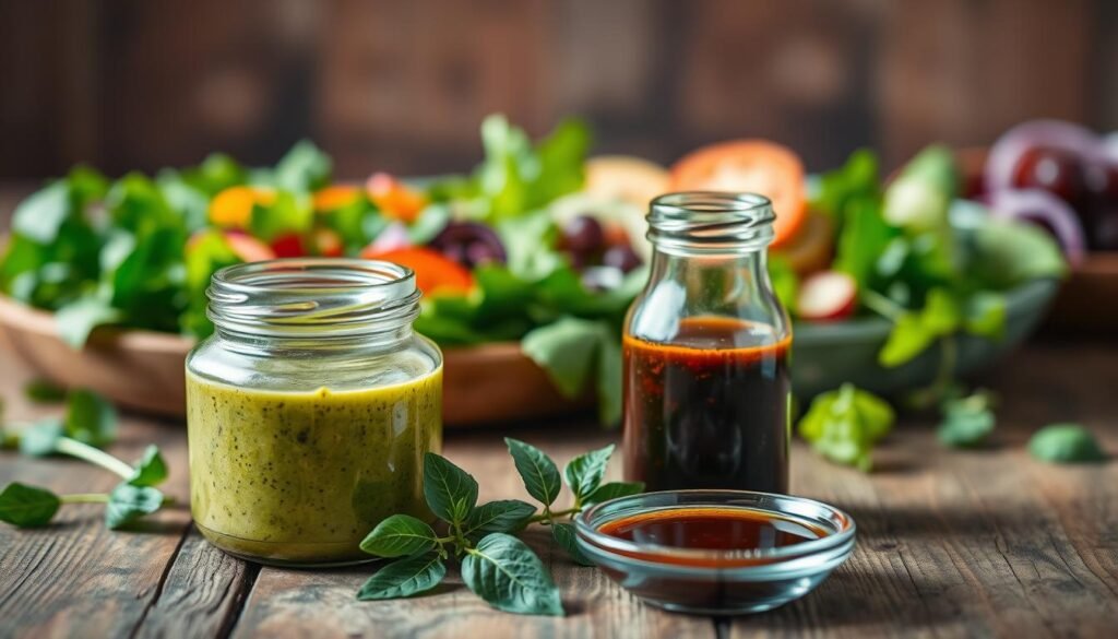 A visually appealing arrangement of various salad dressings elegantly displayed. In the foreground, a clear glass jar filled with vibrant green Goddess dressing sits beside a small dish of rich balsamic vinaigrette, showcasing both textures and colors. A sprig of fresh herbs, like basil and parsley, adds a touch of freshness beside the jars. The middle layer features a rustic wooden table, subtly accentuating the organic feel of the salads. In the background, soft-focus images of fresh salads, including leafy greens and colorful vegetables, create a bokeh effect that emphasizes the dressings. Warm, natural lighting bathes the scene, giving it a welcoming, appetizing atmosphere. The angle is slightly overhead, inviting viewers into the fresh and flavorful world of salad dressings. A visually appealing arrangement of various salad dressings elegantly displayed. In the foreground, a clear glass jar filled with vibrant green Goddess dressing sits beside a small dish of rich balsamic vinaigrette, showcasing both textures and colors. A sprig of fresh herbs, like basil and parsley, adds a touch of freshness beside the jars. The middle layer features a rustic wooden table, subtly accentuating the organic feel of the salads. In the background, soft-focus images of fresh salads, including leafy greens and colorful vegetables, create a bokeh effect that emphasizes the dressings. Warm, natural lighting bathes the scene, giving it a welcoming, appetizing atmosphere. The angle is slightly overhead, inviting viewers into the fresh and flavorful world of salad dressings.
