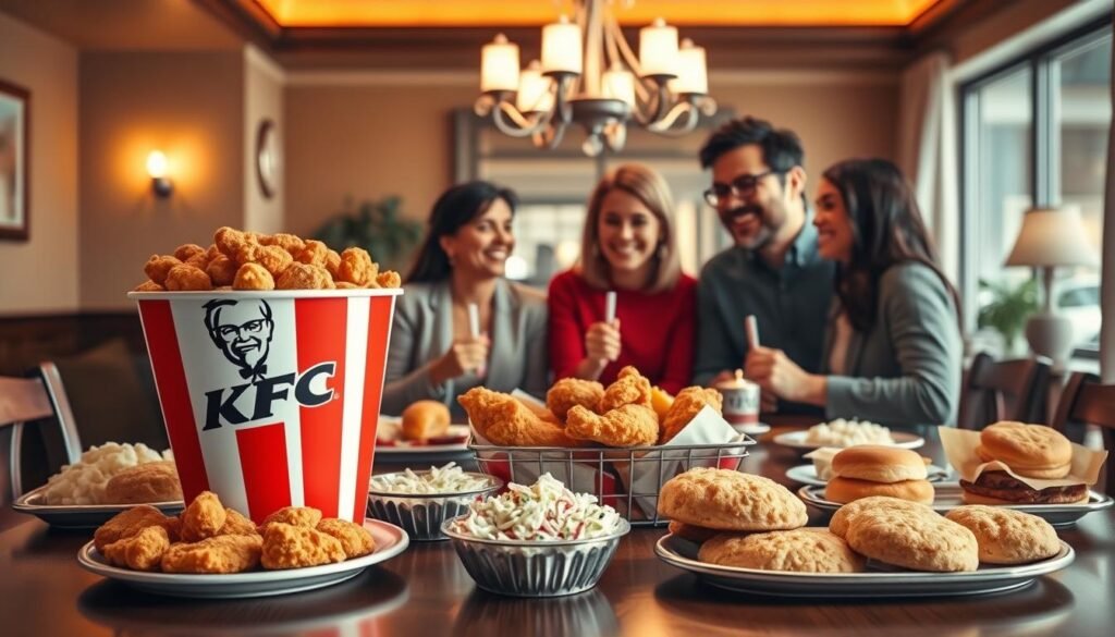 A visually appealing family size guide illustration, showcasing a diverse assortment of delicious KFC family meals arranged elegantly on a dining table. In the foreground, a beautifully styled large bucket of crispy fried chicken, surrounded by sides like mashed potatoes, coleslaw, and biscuits. In the middle, a vibrant family of four enjoying the meal together, dressed in modest casual clothing, smiling and interacting, emphasizing the warmth of shared dining experiences. The background features a cozy dining room with warm, inviting lighting from a soft overhead chandelier, enhancing the sense of family togetherness. The angle is slightly elevated to capture both the meal and the joyful family interaction, creating a mood of comfort, joy, and togetherness suitable for a family dining atmosphere. A visually appealing family size guide illustration, showcasing a diverse assortment of delicious KFC family meals arranged elegantly on a dining table. In the foreground, a beautifully styled large bucket of crispy fried chicken, surrounded by sides like mashed potatoes, coleslaw, and biscuits. In the middle, a vibrant family of four enjoying the meal together, dressed in modest casual clothing, smiling and interacting, emphasizing the warmth of shared dining experiences. The background features a cozy dining room with warm, inviting lighting from a soft overhead chandelier, enhancing the sense of family togetherness. The angle is slightly elevated to capture both the meal and the joyful family interaction, creating a mood of comfort, joy, and togetherness suitable for a family dining atmosphere.