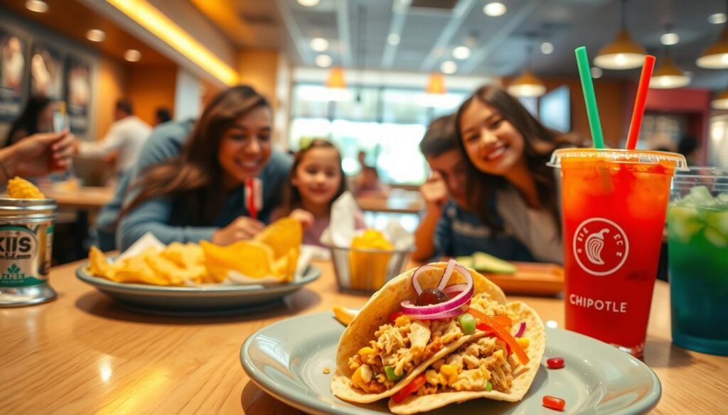 A visually appealing table set in a bright, family-friendly Chipotle restaurant, showcasing an array of colorful items from the kids menu. In the foreground, a vibrant kids meal plate featuring a soft taco filled with shredded chicken, accompanied by a side of corn, and a small portion of chips with guacamole. Beside it, a colorful drink with a fun straw. In the middle background, cheerful families enjoying their meals, with parents in casual attire and kids smiling. The warm ambient lighting highlights the fresh ingredients and inviting atmosphere of the restaurant. The perspective is slightly angled to capture both the table setting and happy interactions, creating a lively and welcoming mood suitable for a family dining experience. A visually appealing table set in a bright, family-friendly Chipotle restaurant, showcasing an array of colorful items from the kids menu. In the foreground, a vibrant kids meal plate featuring a soft taco filled with shredded chicken, accompanied by a side of corn, and a small portion of chips with guacamole. Beside it, a colorful drink with a fun straw. In the middle background, cheerful families enjoying their meals, with parents in casual attire and kids smiling. The warm ambient lighting highlights the fresh ingredients and inviting atmosphere of the restaurant. The perspective is slightly angled to capture both the table setting and happy interactions, creating a lively and welcoming mood suitable for a family dining experience.