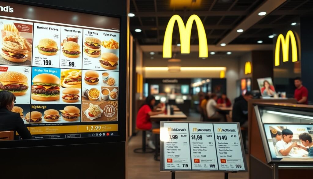 A visually engaging composition centered around a McDonald's menu board showcasing various menu items with their prices prominently displayed. In the foreground, a detailed menu board features colorful images of popular items like Big Macs, fries, and beverages, with clear price tags underneath each dish. The middle ground includes a sleek, modern McDonald's restaurant interior, with customers enjoying their meals in a clean, vibrant atmosphere. In the background, soft lighting creates an inviting ambiance, highlighting the golden arches logo subtly. The scene is viewed from a slightly elevated angle to capture both the menu and the bustling restaurant space effectively. The overall mood is upbeat and welcoming, reflecting a casual dining experience focused on prices and nutritional aspects. A visually engaging composition centered around a McDonald's menu board showcasing various menu items with their prices prominently displayed. In the foreground, a detailed menu board features colorful images of popular items like Big Macs, fries, and beverages, with clear price tags underneath each dish. The middle ground includes a sleek, modern McDonald's restaurant interior, with customers enjoying their meals in a clean, vibrant atmosphere. In the background, soft lighting creates an inviting ambiance, highlighting the golden arches logo subtly. The scene is viewed from a slightly elevated angle to capture both the menu and the bustling restaurant space effectively. The overall mood is upbeat and welcoming, reflecting a casual dining experience focused on prices and nutritional aspects.