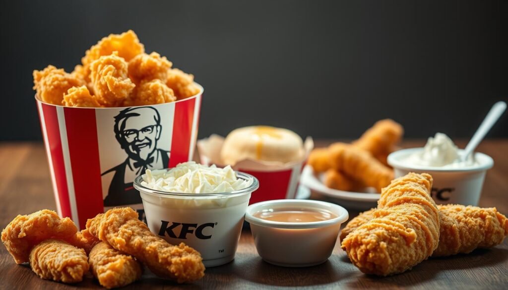 A visually engaging composition featuring a variety of KFC menu items known to contain gluten. In the foreground, showcase a crispy fried chicken bucket with golden, flaky breading, accompanied by a side of coleslaw in a branded container. Include a plate of biscuits with a buttery shine, and a small bowl of gravy thick with texture. In the middle ground, add crispy chicken tenders wrapped in gluten-containing batter, with a dipping sauce beside them. The background should feature soft lighting, creating a warm, inviting atmosphere reminiscent of a KFC dining experience. The angle should be slightly above eye level to capture the food's enticing details clearly. Aim for a realistic style, with vibrant colors that convey indulgence while ensuring all items are clearly identifiable as gluten-containing.