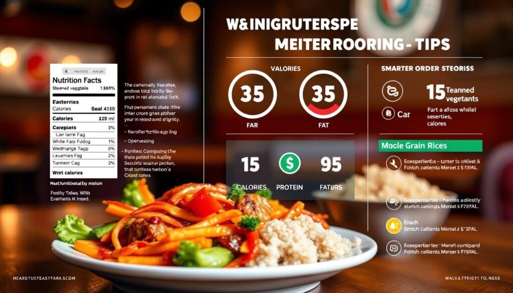 A visually engaging layout of nutrition facts and smarter ordering tips related to fast food. Foreground features a vibrant, colorful plate of nutritious dishes inspired by Panda Express, showcasing steamed vegetables, protein options, and whole grain rice, artistically arranged. Middle ground includes clear, easy-to-read infographics illustrating key nutritional information, like calories, protein, and fat content, marked with appealing icons. Background is a subtle blur of a cozy restaurant setting, with soft, warm lighting enhancing the inviting atmosphere. The overall mood is informative yet friendly, encouraging healthier eating choices while dining out. Composition resembles a magazine spread, focusing on clarity and visual appeal, utilizing a slight top-down angle to capture the details effectively. A visually engaging layout of nutrition facts and smarter ordering tips related to fast food. Foreground features a vibrant, colorful plate of nutritious dishes inspired by Panda Express, showcasing steamed vegetables, protein options, and whole grain rice, artistically arranged. Middle ground includes clear, easy-to-read infographics illustrating key nutritional information, like calories, protein, and fat content, marked with appealing icons. Background is a subtle blur of a cozy restaurant setting, with soft, warm lighting enhancing the inviting atmosphere. The overall mood is informative yet friendly, encouraging healthier eating choices while dining out. Composition resembles a magazine spread, focusing on clarity and visual appeal, utilizing a slight top-down angle to capture the details effectively.