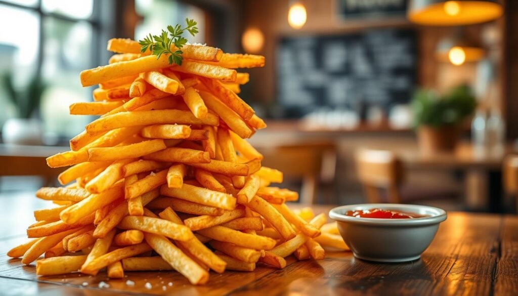 A visually enticing image of a heap of crispy golden fries piled high on a rustic wooden table, garnished with a sprinkle of sea salt and a few fresh herbs for color. The fries should be perfectly fried, exhibiting a satisfying crunch and a warm, inviting sheen. In the foreground, focus on the texture and details of the fries, highlighting their crispiness and golden color. The middle ground should feature a dipping sauce, like tangy ketchup or creamy mayonnaise, in a small dish, ready for indulging. The background should be softly blurred, suggesting a bustling restaurant setting with warm lighting, evoking a cozy and inviting atmosphere perfect for a lunch experience. The scene should be shot from a slightly elevated angle to emphasize the towering pile of fries.