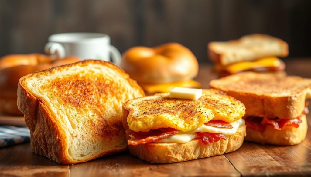 A visually rich scene showcasing thick Texas toast prominently in the foreground, golden and perfectly toasted with a slight sheen of butter melting on top. Beside it, a hearty breakfast sandwich featuring fluffy scrambled eggs, crispy bacon, and melted cheese, all nestled between two slices of Texas toast. The middle ground includes an inviting arrangement of a variety of breakfast items, like a brioche and a CroisSONIC sandwich, all set against a rustic wooden table that adds warmth to the composition. In the background, softly blurred, gentle morning light filters through, highlighting the textures of the food. The overall mood is inviting and appetizing, perfect for breakfast, with a focus on comfort food and indulgence.