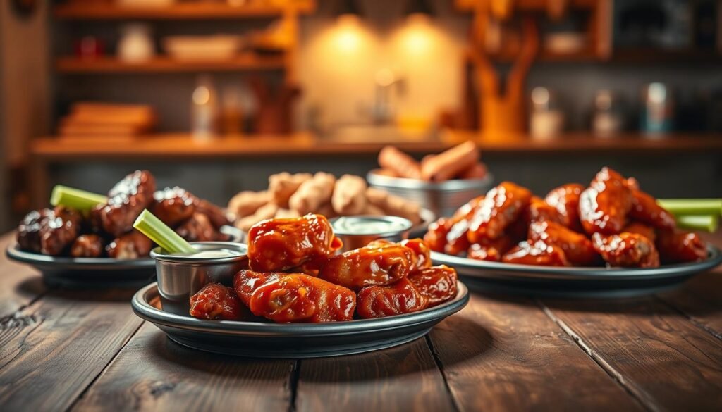 A visually striking composition featuring a variety of delicious wings from Pizza Hut, each displayed on a rustic wooden table. In the foreground, showcase a platter of spicy and tangy buffalo wings glistening with sauce, garnished with celery sticks and blue cheese dressing. In the middle ground, arrange a few more flavors, such as honey BBQ and garlic Parmesan, artistically placed to convey variety. The background should fade softly with a warm kitchen atmosphere, illuminated by soft, natural lighting to create an inviting mood. Use a shallow depth of field to focus on the wings, while soft bokeh highlights the cozy ambiance of a wings night. Overall, the image should evoke a sense of appetizing indulgence and community dining.