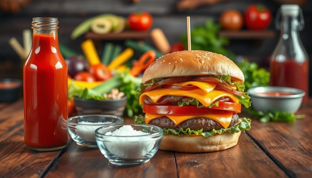A visually striking illustration of nutrition facts highlighted on a rustic wooden table. In the foreground, a clear glass bottle of freshly prepared ketchup and a small bowl of sea salt flank a mouth-watering cheeseburger, layered with crispy lettuce, ripe tomatoes, and melted cheese. The middle ground features a variety of burger toppings including pickles, grilled onions, and sauces artistically arranged as if ready to customize a meal. In the background, there's a faint display of colorful vegetables and lush greenery to emphasize healthy ingredients, all bathed in warm, inviting lighting that creates a cozy atmosphere. The image captures the essence of meal customization and healthy eating without any text or overlays. A visually striking illustration of nutrition facts highlighted on a rustic wooden table. In the foreground, a clear glass bottle of freshly prepared ketchup and a small bowl of sea salt flank a mouth-watering cheeseburger, layered with crispy lettuce, ripe tomatoes, and melted cheese. The middle ground features a variety of burger toppings including pickles, grilled onions, and sauces artistically arranged as if ready to customize a meal. In the background, there's a faint display of colorful vegetables and lush greenery to emphasize healthy ingredients, all bathed in warm, inviting lighting that creates a cozy atmosphere. The image captures the essence of meal customization and healthy eating without any text or overlays.