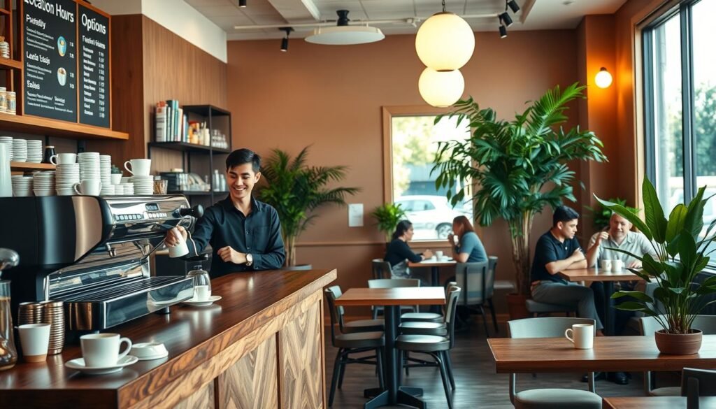 A warm and inviting coffee shop interior, highlighting a wooden counter with a sleek espresso machine and an assortment of coffee cups and pastries displayed enticingly. In the foreground, a friendly barista in a smart, casual outfit is serving a customer at the counter, showcasing an interactive menu board featuring "Location Hours Options" with appealing graphics. The middle layer includes small tables with comfortable seating, patrons enjoying their drinks, and lush green plants adding a cozy feel. The background is softly lit, emphasizing warm tones to create an inviting atmosphere, while a large window reveals a sunny day outside, enhancing the overall cheerful mood. The scene captures the essence of 7 Brew Coffee Naperville, focusing on a cheerful, community-oriented space without any text or distractions. A warm and inviting coffee shop interior, highlighting a wooden counter with a sleek espresso machine and an assortment of coffee cups and pastries displayed enticingly. In the foreground, a friendly barista in a smart, casual outfit is serving a customer at the counter, showcasing an interactive menu board featuring "Location Hours Options" with appealing graphics. The middle layer includes small tables with comfortable seating, patrons enjoying their drinks, and lush green plants adding a cozy feel. The background is softly lit, emphasizing warm tones to create an inviting atmosphere, while a large window reveals a sunny day outside, enhancing the overall cheerful mood. The scene captures the essence of 7 Brew Coffee Naperville, focusing on a cheerful, community-oriented space without any text or distractions.