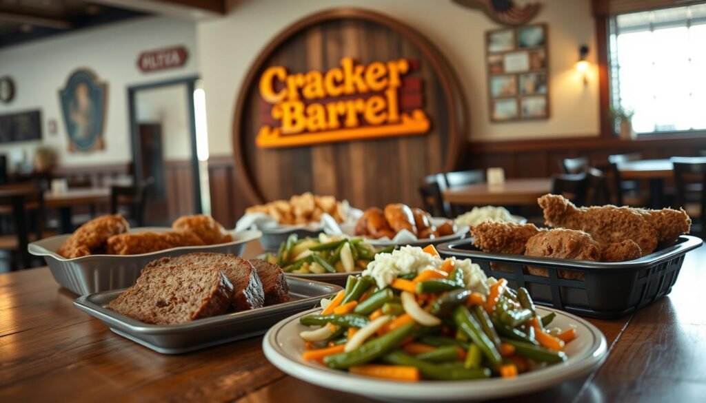 A warm, inviting Cracker Barrel restaurant scene featuring a selection of daily specials prominently displayed on a rustic wooden table. In the foreground, a beautifully arranged takeout spread showcasing hearty comfort food: savory meatloaf, crispy fried chicken, and colorful sides like green beans and coleslaw in charming dishes. The middle ground includes the iconic Cracker Barrel wooden sign, emphasizing the brand, and a cozy, welcoming décor with vintage Americana elements. In the background, soft natural lighting filters through a nearby window, casting a gentle glow over the scene. The atmosphere is homey and nostalgic, perfect for showcasing daily specials, evoking feelings of comfort and southern hospitality. A slight depth of field adds focus to the food, capturing the scrumptious details without distractions. A warm, inviting Cracker Barrel restaurant scene featuring a selection of daily specials prominently displayed on a rustic wooden table. In the foreground, a beautifully arranged takeout spread showcasing hearty comfort food: savory meatloaf, crispy fried chicken, and colorful sides like green beans and coleslaw in charming dishes. The middle ground includes the iconic Cracker Barrel wooden sign, emphasizing the brand, and a cozy, welcoming décor with vintage Americana elements. In the background, soft natural lighting filters through a nearby window, casting a gentle glow over the scene. The atmosphere is homey and nostalgic, perfect for showcasing daily specials, evoking feelings of comfort and southern hospitality. A slight depth of field adds focus to the food, capturing the scrumptious details without distractions.
