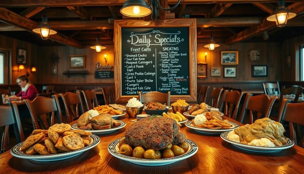 A warm, inviting scene inside a rustic Cracker Barrel restaurant showcasing a daily specials menu board. In the foreground, display a beautiful wooden tabletop adorned with a vibrant array of home-cooked dishes, including fried chicken, meatloaf, and mashed potatoes with gravy, all beautifully arranged in traditional country-style plates. In the middle, emphasize a chalkboard menu featuring daily specials, handwritten in a charming font, surrounded by country decor like rocking chairs and warm lighting from vintage hanging lamps. In the background, depict a cozy interior with exposed wooden beams and vintage photographs on the walls, enhancing the homely atmosphere. The lighting should be soft and warm, creating a welcoming mood that invites diners to enjoy their meal. The angle should be slightly elevated, providing a comprehensive view of the table and the menu, emphasizing the hearty, comforting feel of Cracker Barrel. A warm, inviting scene inside a rustic Cracker Barrel restaurant showcasing a daily specials menu board. In the foreground, display a beautiful wooden tabletop adorned with a vibrant array of home-cooked dishes, including fried chicken, meatloaf, and mashed potatoes with gravy, all beautifully arranged in traditional country-style plates. In the middle, emphasize a chalkboard menu featuring daily specials, handwritten in a charming font, surrounded by country decor like rocking chairs and warm lighting from vintage hanging lamps. In the background, depict a cozy interior with exposed wooden beams and vintage photographs on the walls, enhancing the homely atmosphere. The lighting should be soft and warm, creating a welcoming mood that invites diners to enjoy their meal. The angle should be slightly elevated, providing a comprehensive view of the table and the menu, emphasizing the hearty, comforting feel of Cracker Barrel.