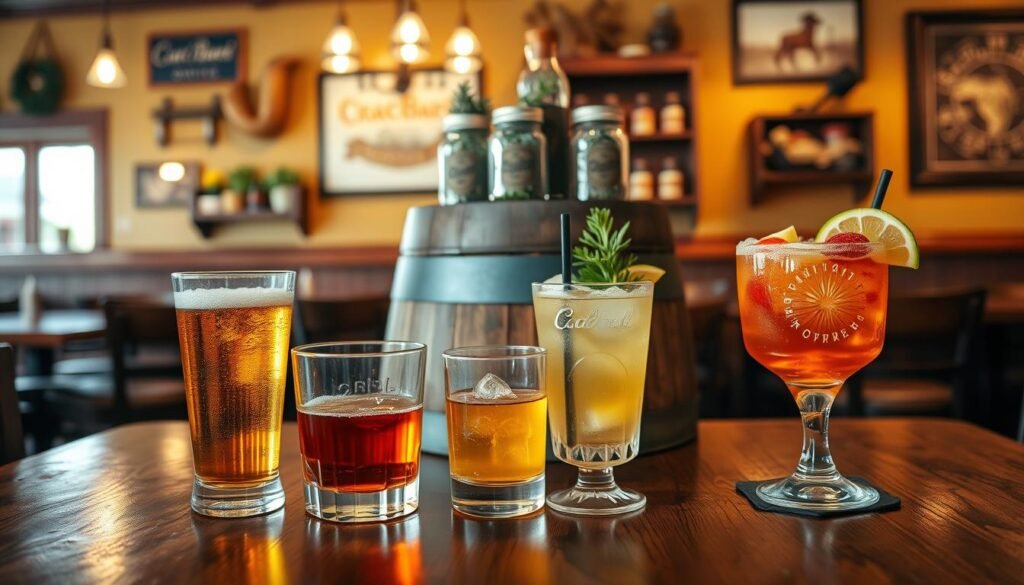 A warmly lit table inside a cozy Cracker Barrel restaurant, featuring a selection of beautifully arranged alcoholic beverages. In the foreground, a rustic wooden table displays a variety of drinks: a chilled craft beer in a tall glass, a classic whiskey on the rocks in a crystal tumbler, and a vibrant cocktail garnished with fresh fruit. In the middle, a vintage wooden barrel serves as a backdrop, decorated with decorative mason jars filled with herbs and spices. The background includes authentic Cracker Barrel decor, such as rustic wooden shelves and country-themed artwork, creating a welcoming atmosphere. Soft, ambient lighting enhances the inviting feel, with a shallow depth of field focusing on the drinks. The mood is casual yet sophisticated, perfect for a relaxing dining experience. A warmly lit table inside a cozy Cracker Barrel restaurant, featuring a selection of beautifully arranged alcoholic beverages. In the foreground, a rustic wooden table displays a variety of drinks: a chilled craft beer in a tall glass, a classic whiskey on the rocks in a crystal tumbler, and a vibrant cocktail garnished with fresh fruit. In the middle, a vintage wooden barrel serves as a backdrop, decorated with decorative mason jars filled with herbs and spices. The background includes authentic Cracker Barrel decor, such as rustic wooden shelves and country-themed artwork, creating a welcoming atmosphere. Soft, ambient lighting enhances the inviting feel, with a shallow depth of field focusing on the drinks. The mood is casual yet sophisticated, perfect for a relaxing dining experience.