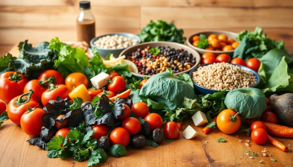 A well-lit, high-quality image of an assortment of vegan food options arranged on a wooden table. In the foreground, a variety of colorful vegetables, including leafy greens, tomatoes, and bell peppers, are neatly displayed. In the middle ground, there are plant-based protein sources such as tofu, tempeh, and legumes, accompanied by whole grains like quinoa and brown rice. In the background, a few vegan-friendly condiments and sauces are visible, adding depth and interest to the scene. The lighting is soft and natural, creating a warm, inviting atmosphere that highlights the freshness and appeal of the vegan offerings. A well-lit, high-quality image of an assortment of vegan food options arranged on a wooden table. In the foreground, a variety of colorful vegetables, including leafy greens, tomatoes, and bell peppers, are neatly displayed. In the middle ground, there are plant-based protein sources such as tofu, tempeh, and legumes, accompanied by whole grains like quinoa and brown rice. In the background, a few vegan-friendly condiments and sauces are visible, adding depth and interest to the scene. The lighting is soft and natural, creating a warm, inviting atmosphere that highlights the freshness and appeal of the vegan offerings.