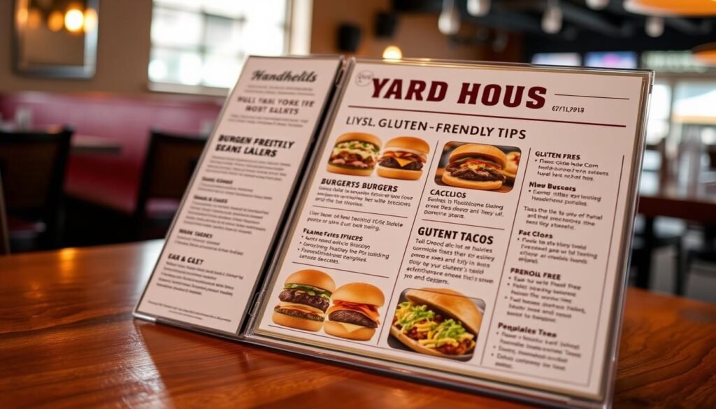 A well-lit, high-quality photograph of a gluten-friendly menu at the Yard House restaurant. The menu is displayed on a wooden table, with a clean, modern design showcasing the restaurant's handhelds, burgers, and tacos that are available with gluten-free bun options. The lighting is soft and natural, creating a warm, inviting atmosphere. The camera angle is slightly elevated, providing a clear, detailed view of the menu. The background is blurred, keeping the focus on the menu itself. A well-lit, high-quality photograph of a gluten-friendly menu at the Yard House restaurant. The menu is displayed on a wooden table, with a clean, modern design showcasing the restaurant's handhelds, burgers, and tacos that are available with gluten-free bun options. The lighting is soft and natural, creating a warm, inviting atmosphere. The camera angle is slightly elevated, providing a clear, detailed view of the menu. The background is blurred, keeping the focus on the menu itself.