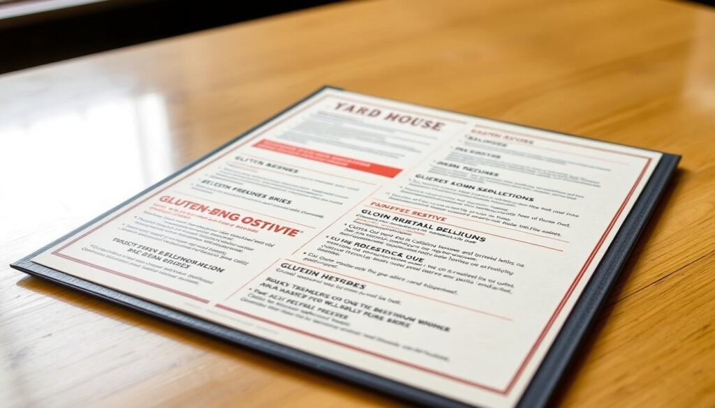 A well-lit, high-resolution photograph of a Yard House restaurant menu, specifically highlighting the gluten-sensitive options. The menu is placed on a clean, wooden table, with a neutral background that allows the menu's contents to be the focal point. The lighting is natural and evenly distributed, creating a warm and inviting atmosphere. The camera is positioned at a slight angle, capturing the menu's layout and design with a shallow depth of field to draw the viewer's attention to the key details. The image conveys a sense of professionalism, attention to detail, and a focus on the restaurant's commitment to providing safe and delicious gluten-free options for their customers. A well-lit, high-resolution photograph of a Yard House restaurant menu, specifically highlighting the gluten-sensitive options. The menu is placed on a clean, wooden table, with a neutral background that allows the menu's contents to be the focal point. The lighting is natural and evenly distributed, creating a warm and inviting atmosphere. The camera is positioned at a slight angle, capturing the menu's layout and design with a shallow depth of field to draw the viewer's attention to the key details. The image conveys a sense of professionalism, attention to detail, and a focus on the restaurant's commitment to providing safe and delicious gluten-free options for their customers.