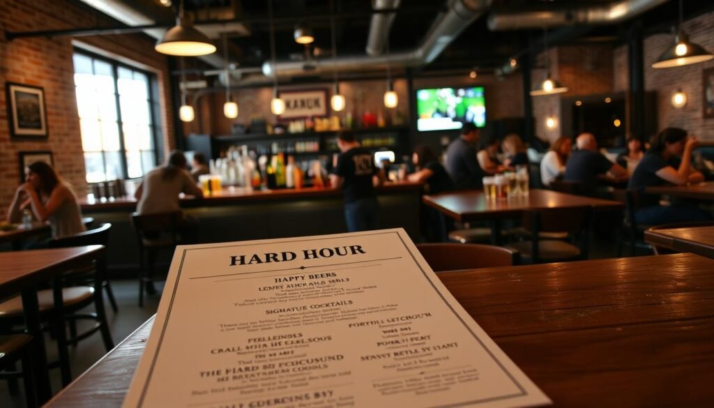 A well-lit, modern interior of the Yard House restaurant in Troy, Michigan. In the foreground, a wooden table displays the happy hour menu, showcasing a variety of craft beers, signature cocktails, and discounted food items. The menu is presented in a clean, elegant design, with detailed descriptions of the offerings. Behind the table, the middle ground features a bustling bar area, with bartenders preparing drinks and customers engaged in lively conversation. In the background, the restaurant's signature industrial-chic decor is visible, including exposed brick walls, metal accents, and warm lighting that creates a cozy, inviting atmosphere. The overall scene conveys a sense of casual sophistication and the enjoyment of good food, drinks, and company during the Yard House's happy hour in Troy.