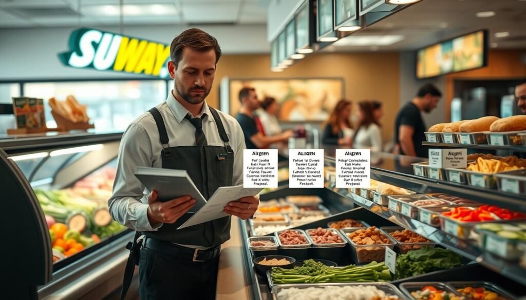 A well-organized deli counter in a Subway restaurant, showcasing various ingredients like fresh vegetables, meats, and bread, emphasizing the potential for cross-contamination. In the foreground, a food safety manager in professional attire is inspecting the area with a checklist in hand, demonstrating best practices. The middle layer features a clear view of different allergen labels displayed prominently on ingredient containers, highlighting vulnerability points. In the background, customers are placing their orders, illustrating the busy atmosphere. Soft, natural lighting enhances the cleanliness of the environment while creating a sense of urgency and responsibility. The mood is serious and educational, focusing on the importance of food safety in a casual dining setting.