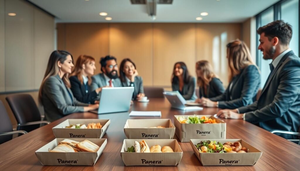 A well-organized meeting room featuring a diverse group of professionals, dressed in smart business attire, engaged in a lively discussion around a polished wooden table. In the foreground, beautifully arranged catering boxes from Panera Bread, showcasing fresh sandwiches, salads, and pastries. The middle ground includes a laptop and notepad, with someone pointing at the menu on the screen, emphasizing the catering options. In the background, a large window allows natural light to illuminate the scene, creating a warm and inviting atmosphere. Soft-focus lighting enhances the welcoming vibe while maintaining a professional setting, encouraging collaboration and excitement about the catering process. The scene captures the essence of ordering Panera catering for a business event or gathering.