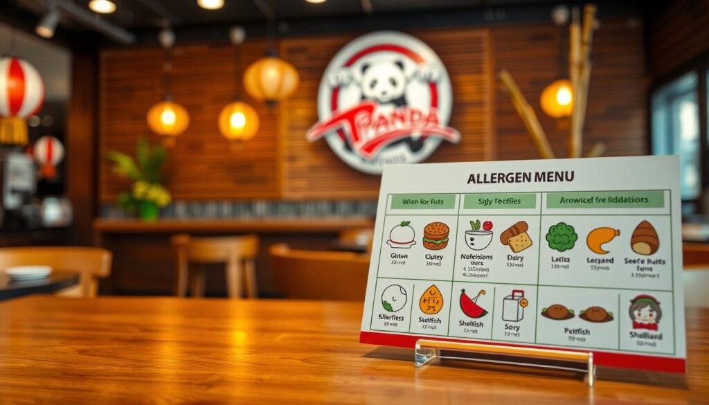 A well-organized, visually appealing table showcasing the Panda Express allergen menu, prominently displayed on a wooden table with a warm, inviting ambiance. In the foreground, focus on neatly arranged food icons representing various allergens, such as gluten, nuts, dairy, soy, and shellfish, each with a distinct color theme to indicate their presence or absence. The middle layer features a soft-focus image of a Panda Express restaurant backdrop, enhancing the setting without distracting from the main subject. The background showcases faint elements of Asian-inspired decor, such as lanterns and bamboo, to evoke the essence of the cuisine. Soft, natural lighting enhances the atmosphere, creating an informative yet welcoming mood. Use a slightly tilted angle to capture depth and encourage viewer engagement.
