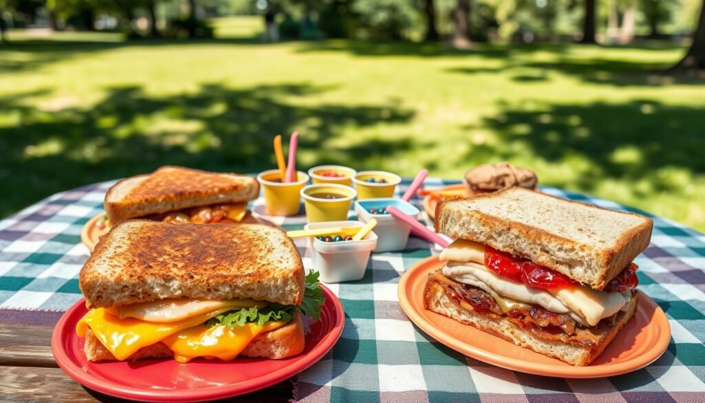A wonderfully arranged picnic table featuring three delightful kids' sandwiches: a gooey grilled cheese, a hearty turkey and cheese, and a classic peanut butter and jelly, all presented on colorful plates. In the foreground, focus on the sandwiches, each with unique textures and vibrant ingredients, like melted cheese, fresh lettuce, and raspberry jam peeking out. The middle ground includes a playful setting with small, cheerful fruit cups, bright napkins, and colorful utensils. In the background, a sunny park scene with lush green grass and tree shadows adds a warm, inviting atmosphere. Use soft, natural lighting to highlight the freshness of the sandwiches and create an inviting, wholesome mood, capturing the essence of a fun, nutritious meal for kids.