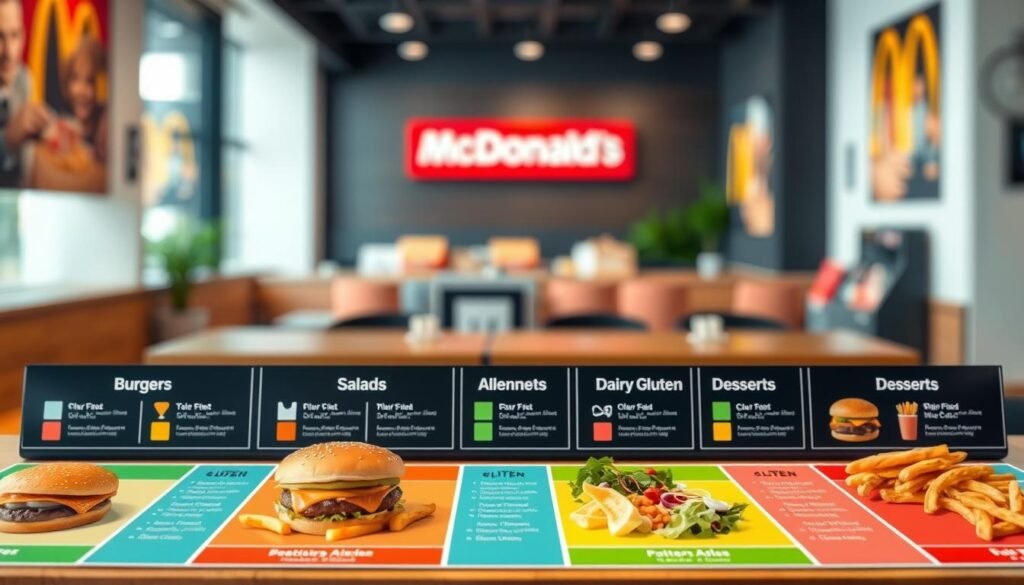 An allergen directory layout designed for a McDonald's menu, illustrating various menu categories such as burgers, salads, and desserts. Foreground features a colorful, neatly organized table with categorized sections; each has representative food items (like a burger, fries, and salad) artfully arranged. In the middle, visible allergen symbols (like peanut, dairy, gluten) next to each category, adding clarity to the image. The background features a subtle, blurred restaurant setting that evokes a welcoming atmosphere. Use bright, natural lighting to create an inviting feel, and ensure the composition is viewed from a slight overhead angle for an informative perspective. The overall mood is professional yet approachable, promoting safety and awareness. An allergen directory layout designed for a McDonald's menu, illustrating various menu categories such as burgers, salads, and desserts. Foreground features a colorful, neatly organized table with categorized sections; each has representative food items (like a burger, fries, and salad) artfully arranged. In the middle, visible allergen symbols (like peanut, dairy, gluten) next to each category, adding clarity to the image. The background features a subtle, blurred restaurant setting that evokes a welcoming atmosphere. Use bright, natural lighting to create an inviting feel, and ensure the composition is viewed from a slight overhead angle for an informative perspective. The overall mood is professional yet approachable, promoting safety and awareness.