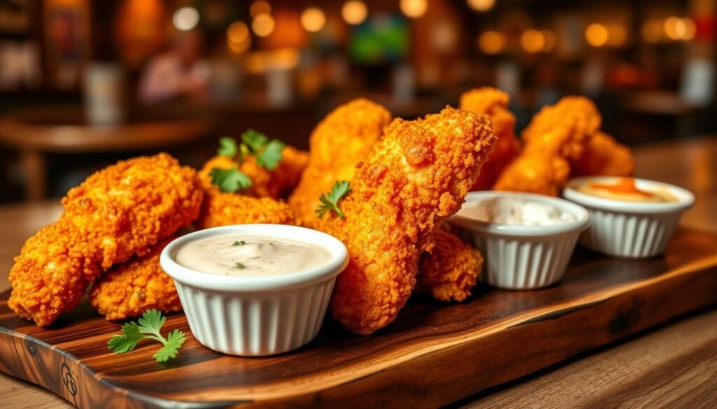 Golden, crispy chicken tenders arranged artfully on a rustic wooden platter, garnished with fresh parsley. In the foreground, a few tenders are displayed with a side of creamy dip in a small white bowl, speckled with herbs. The vibrant colors of the tenders contrast beautifully with the dark wood backdrop. In the middle ground, a few dipping sauces in classic small ramekins include honey mustard, BBQ, and ranch, each showcasing their rich textures. The background softly blurs out, featuring hints of a cozy diner setting with warm, inviting lighting. The mood is casual and appetizing, evoking a sense of comfort food perfection, ideal for a fast-food restaurant menu. Shot from a slight angle to emphasize the texture and crispness of the chicken.
