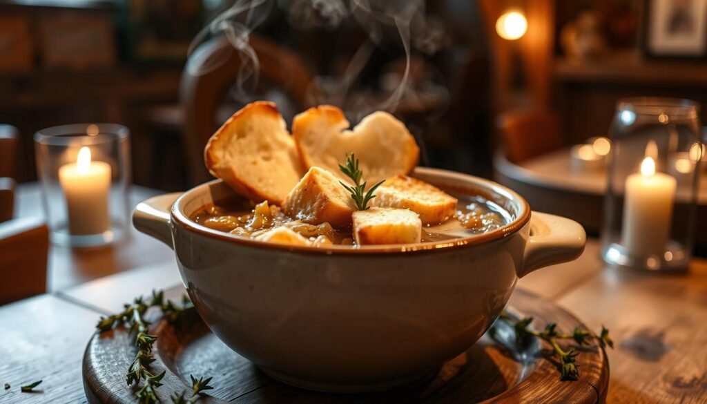 In a cozy bistro setting, a bowl of rich, savory French onion soup is the centerpiece, elegantly presented on a rustic wooden table. The soup, steaming gently, showcases layers of caramelized onions swimming in a dark, flavorful broth, topped with a melting layer of gooey Gruyère cheese and sprinkled with crispy, golden-brown croutons. Surrounding the bowl, a few fresh sprigs of thyme add a touch of color. Soft, warm lighting casts a comforting glow over the scene, creating an inviting atmosphere. The background features blurred hints of a bistro ambiance, such as wooden beams and flickering candles, enhancing the overall warmth and charm of this classic dish.